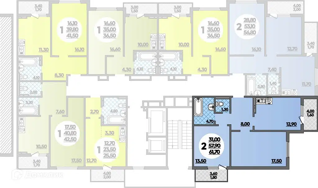 Планировка: 2-комн. квартира 61.70 м² в новостройке Парк у дома