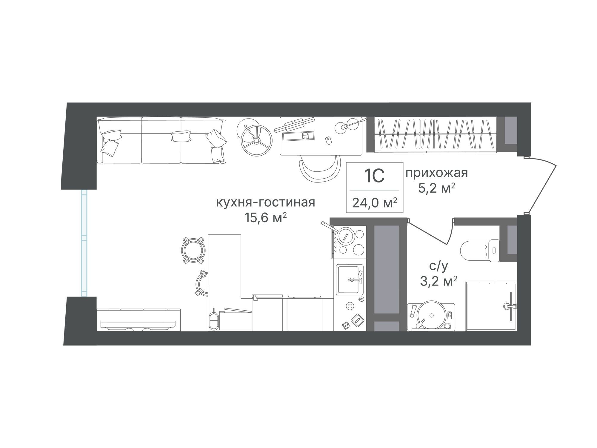 Планировка: Студия 23.70 м² в новостройке ЖК Семеновский парк 2