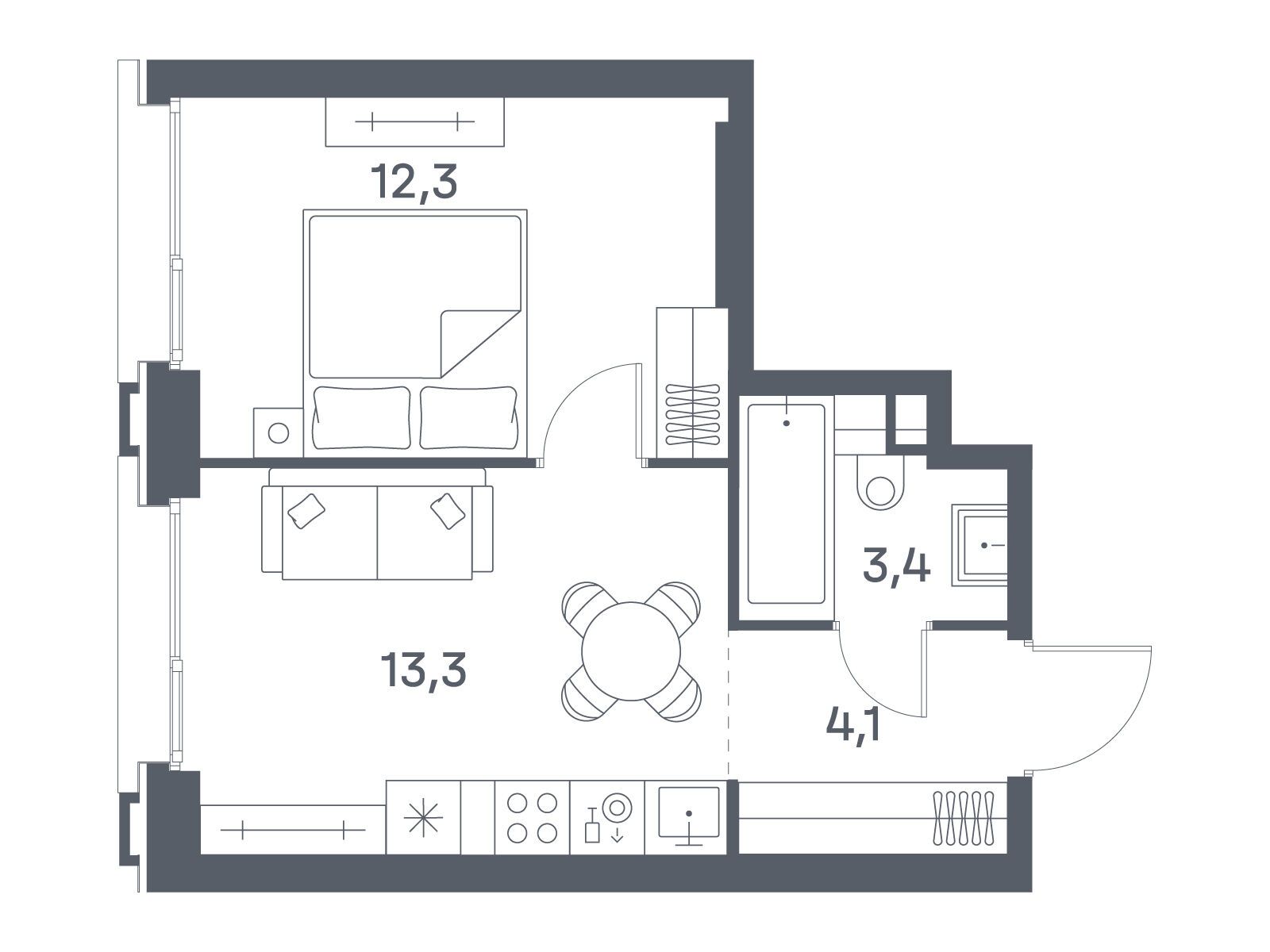 Планировка: 1-комн. квартира 33.10 м² в новостройке ЖК Портленд. Дом на берегу