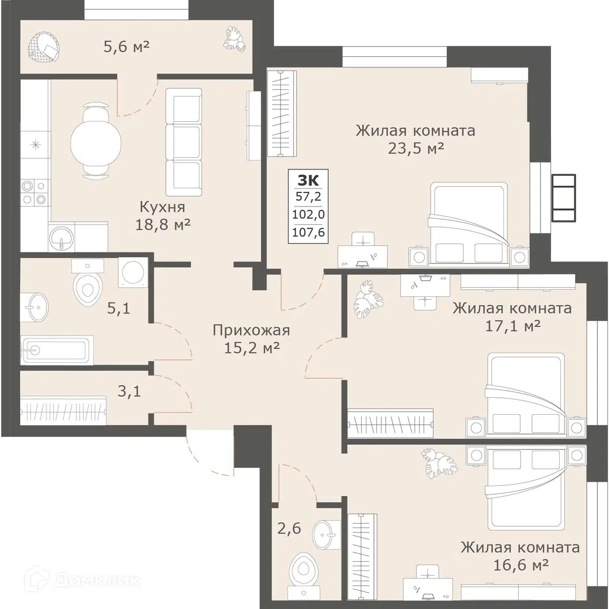 Планировка: 3-комн. квартира 107.30 м² в новостройке Моне