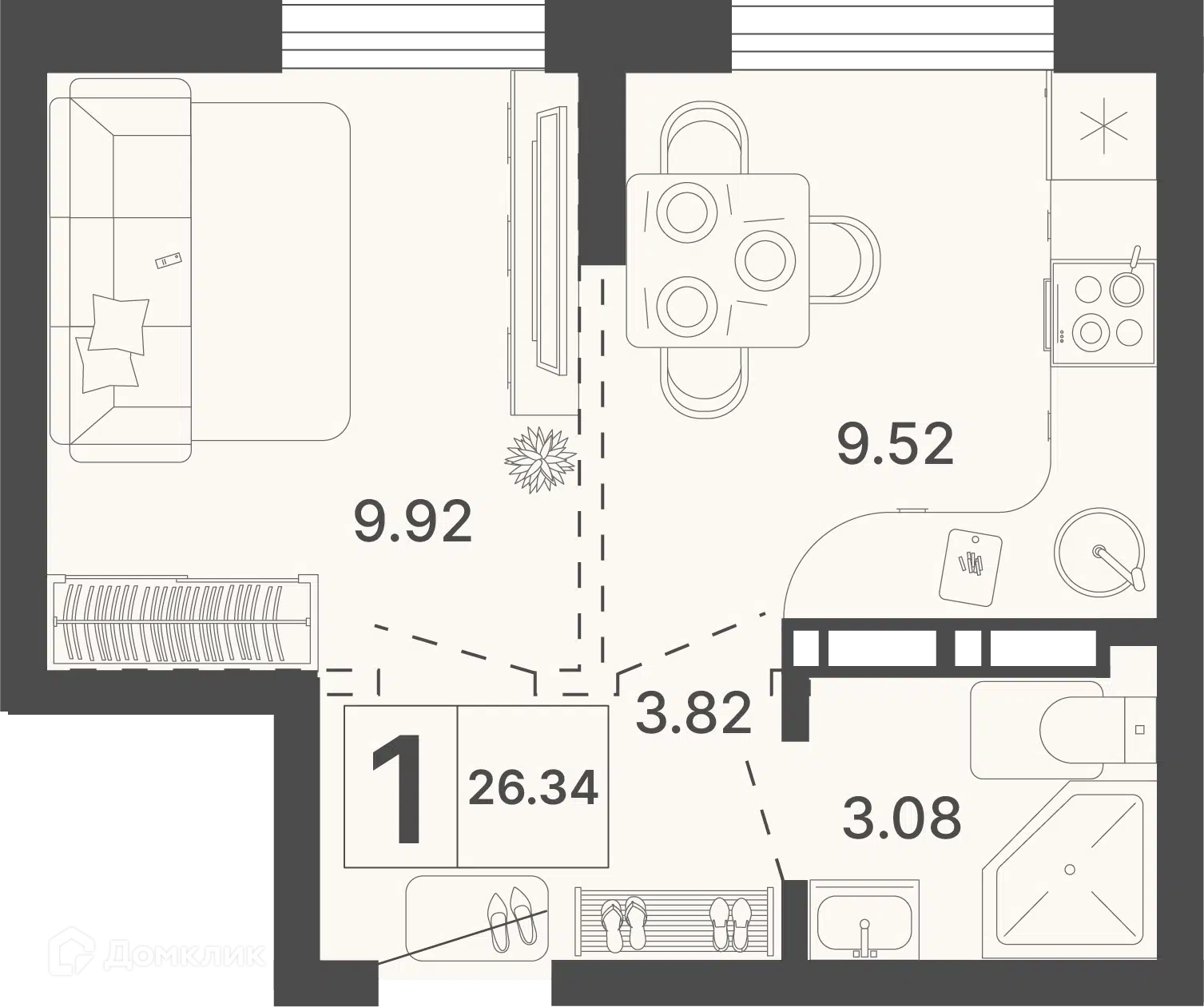 Планировка: 1-комн. квартира 26.34 м² в новостройке Светский лес