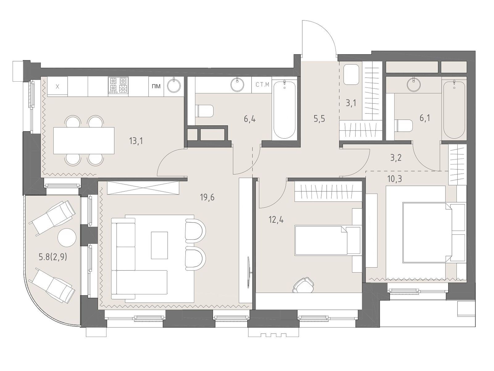 Планировка: 3-комн. квартира 82.60 м² в новостройке ЖК Родина Парк