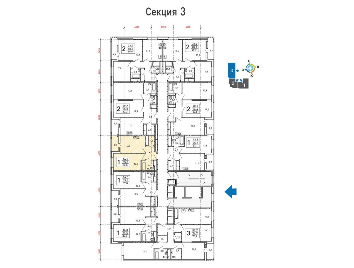 Планировка: 1-комн. квартира 36.60 м² в новостройке Центр-2
