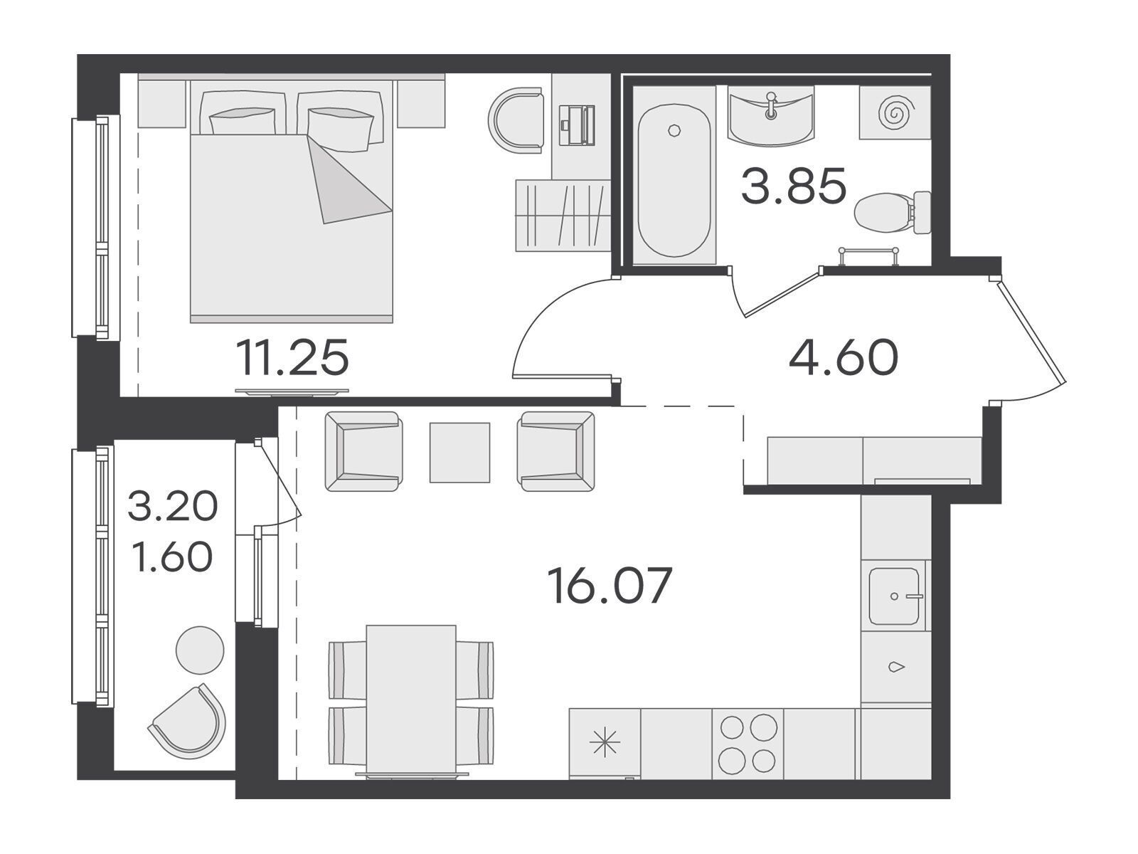 Планировка: 1-комн. квартира 37.30 м² в новостройке Глоракс Парголово