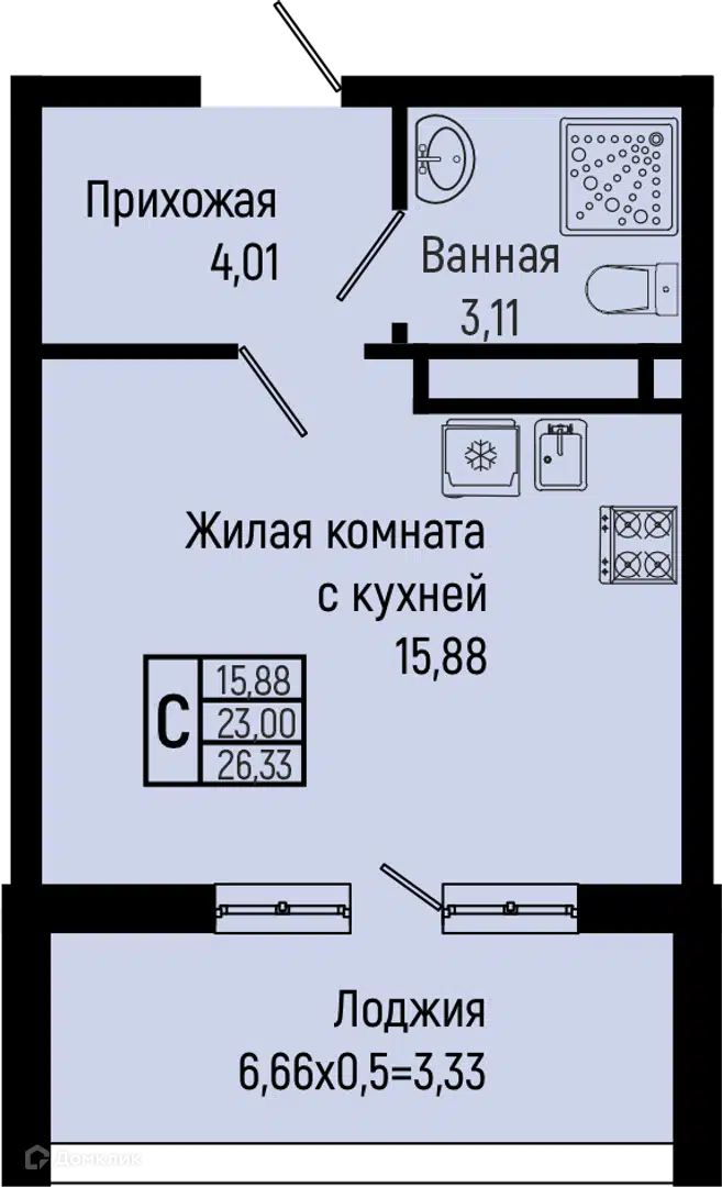 Планировка: Студия 26.33 м² в новостройке Сан Хиллс Ольгинка 2