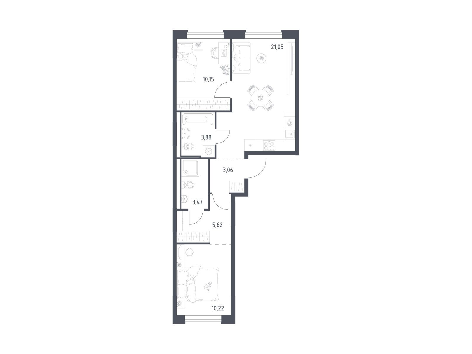 Планировка: 2-комн. квартира 57.45 м² в новостройке Квартал Ивакино