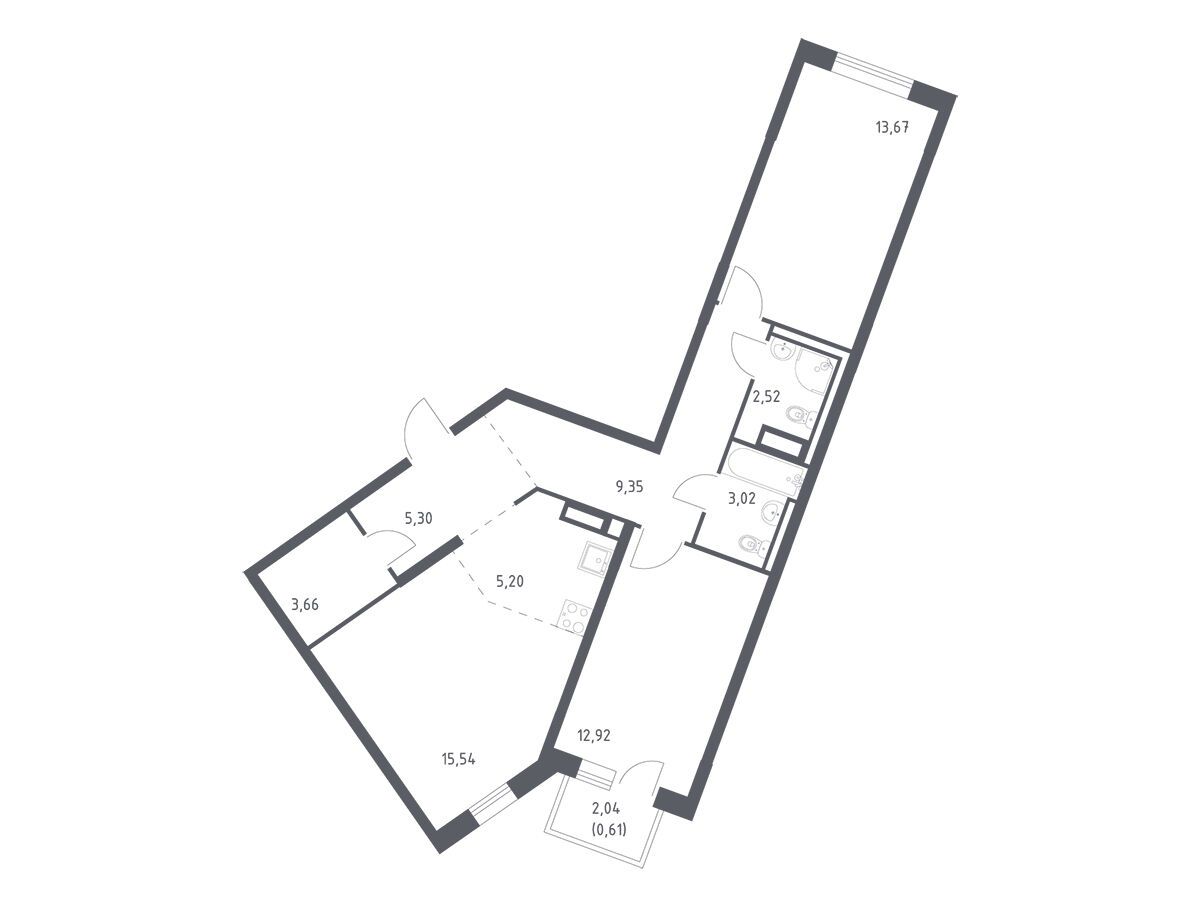 Планировка: 2-комн. квартира 71.79 м² в новостройке Лаголово