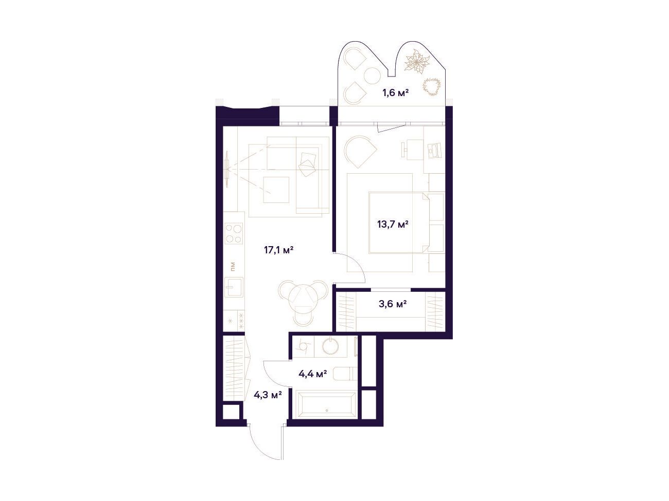 Планировка: 1-комн. квартира 44.70 м² в новостройке Союз
