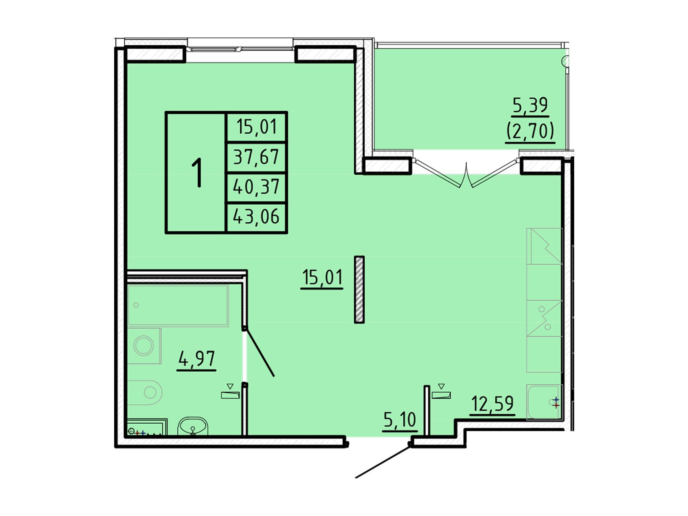 Планировка: 1-комн. квартира 37.67 м² в новостройке Образцовый квартал 16