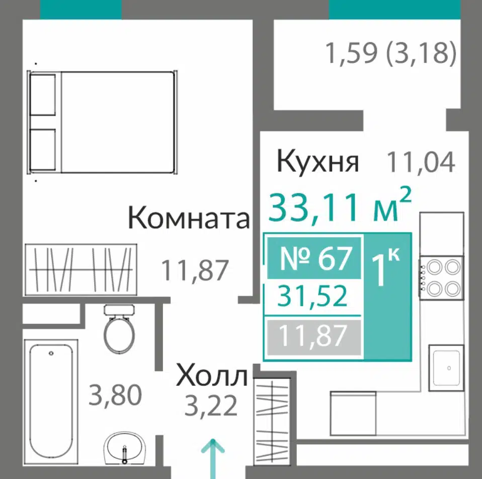 Планировка: 1-комн. квартира 31.52 м² в новостройке Горизонты-2