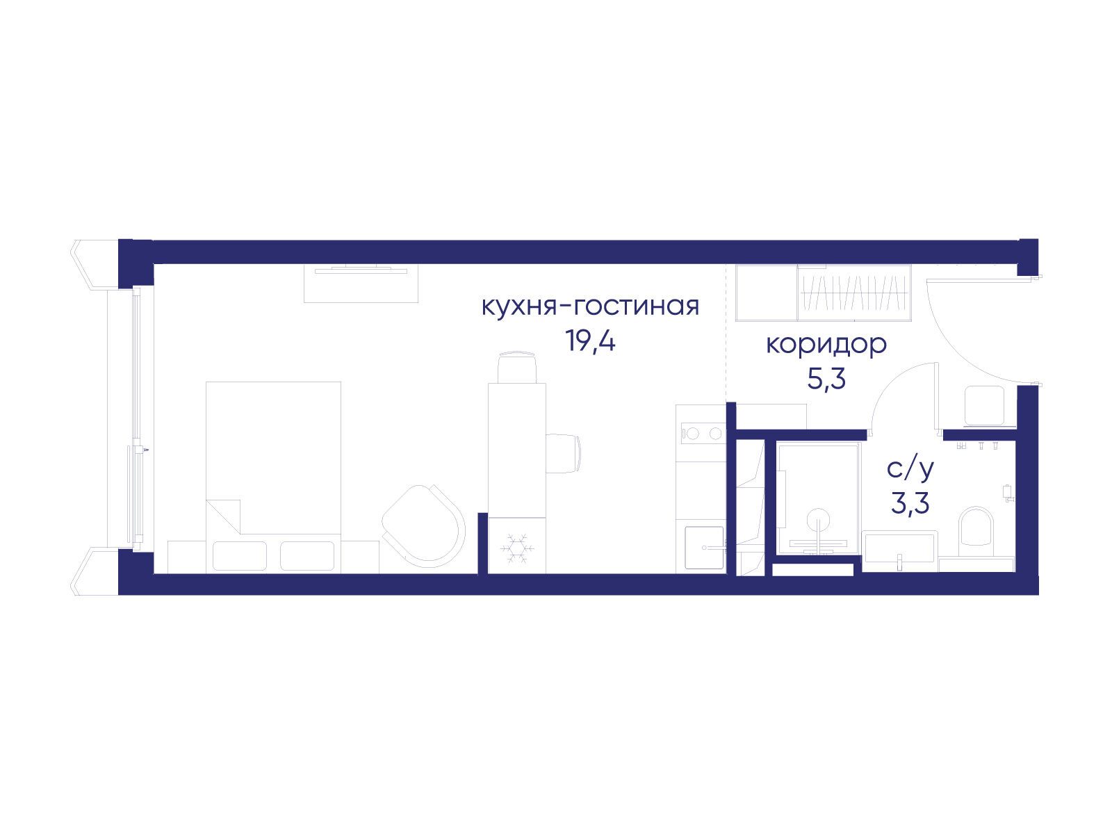 Планировка: Студия 28.00 м² в новостройке Остров
