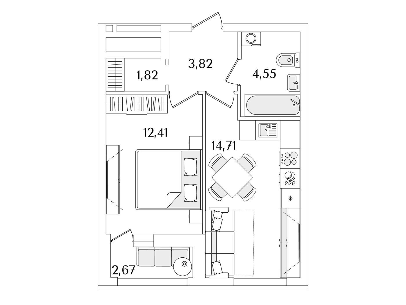 Планировка: 1-комн. квартира 38.40 м² в новостройке Лайнеръ