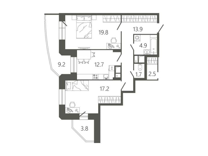 Планировка: 2-комн. квартира 74.90 м² в новостройке Мессиер 18