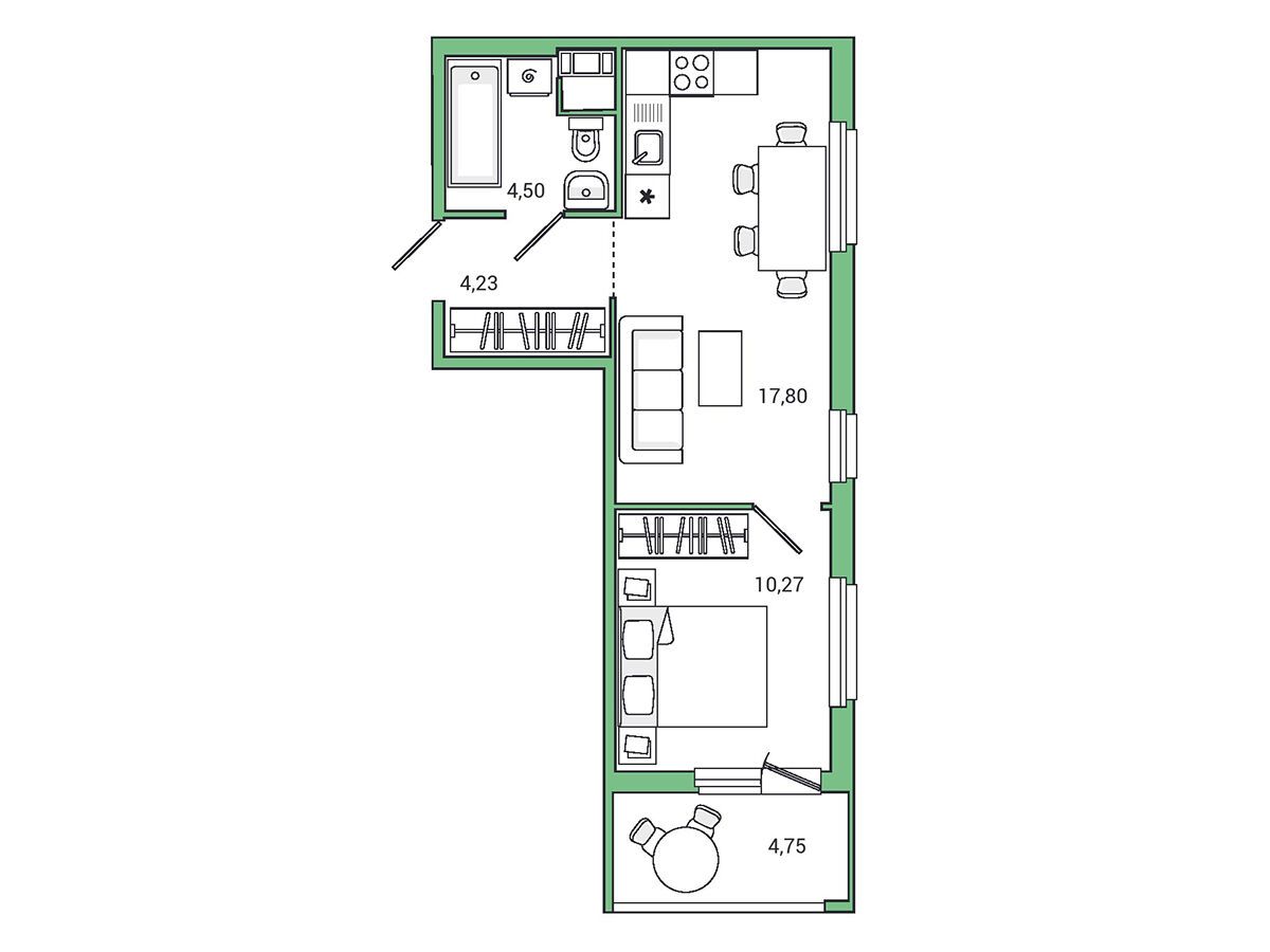 Планировка: 1-комн. квартира 39.10 м² в новостройке Янила Драйв