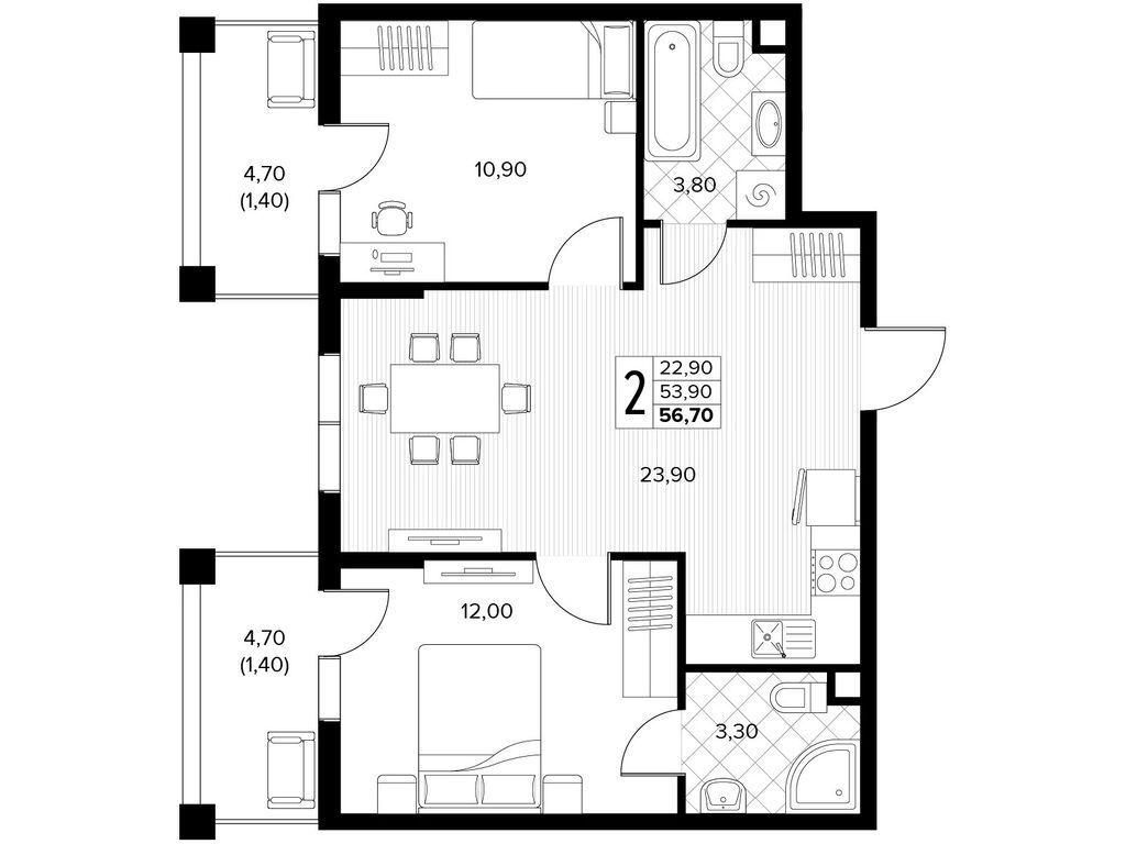 Планировка: 2-комн. квартира 56.70 м² в новостройке Кипарис