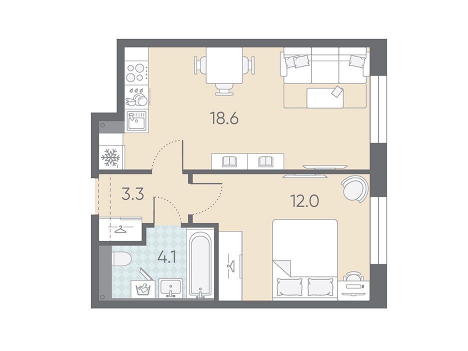 Планировка: 1-комн. квартира 38.00 м² в новостройке Большая Охта