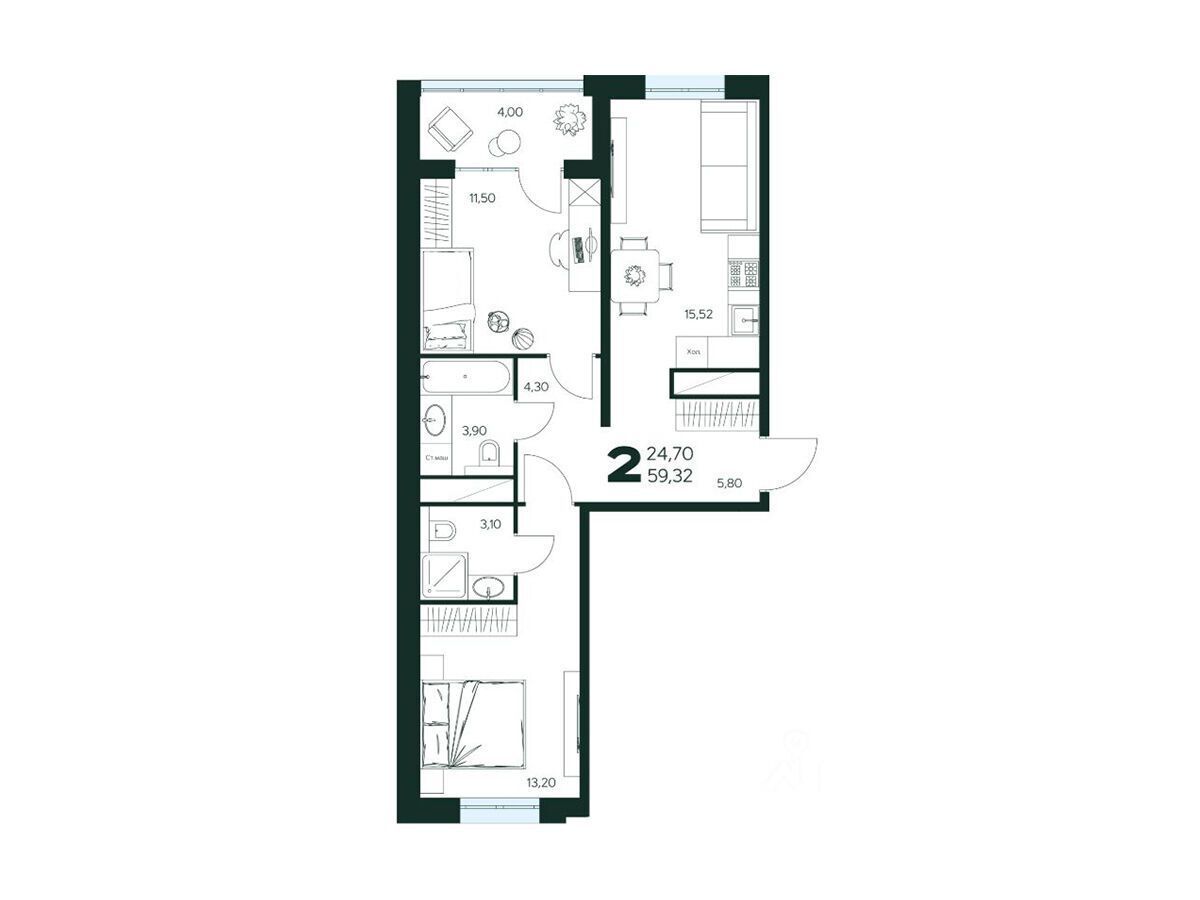 Планировка: 2-комн. квартира 59.32 м² в новостройке Ласточкино