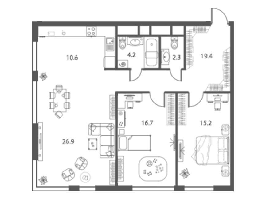 Планировка: 3-комн. квартира 90.20 м² в новостройке Вест Тауэр