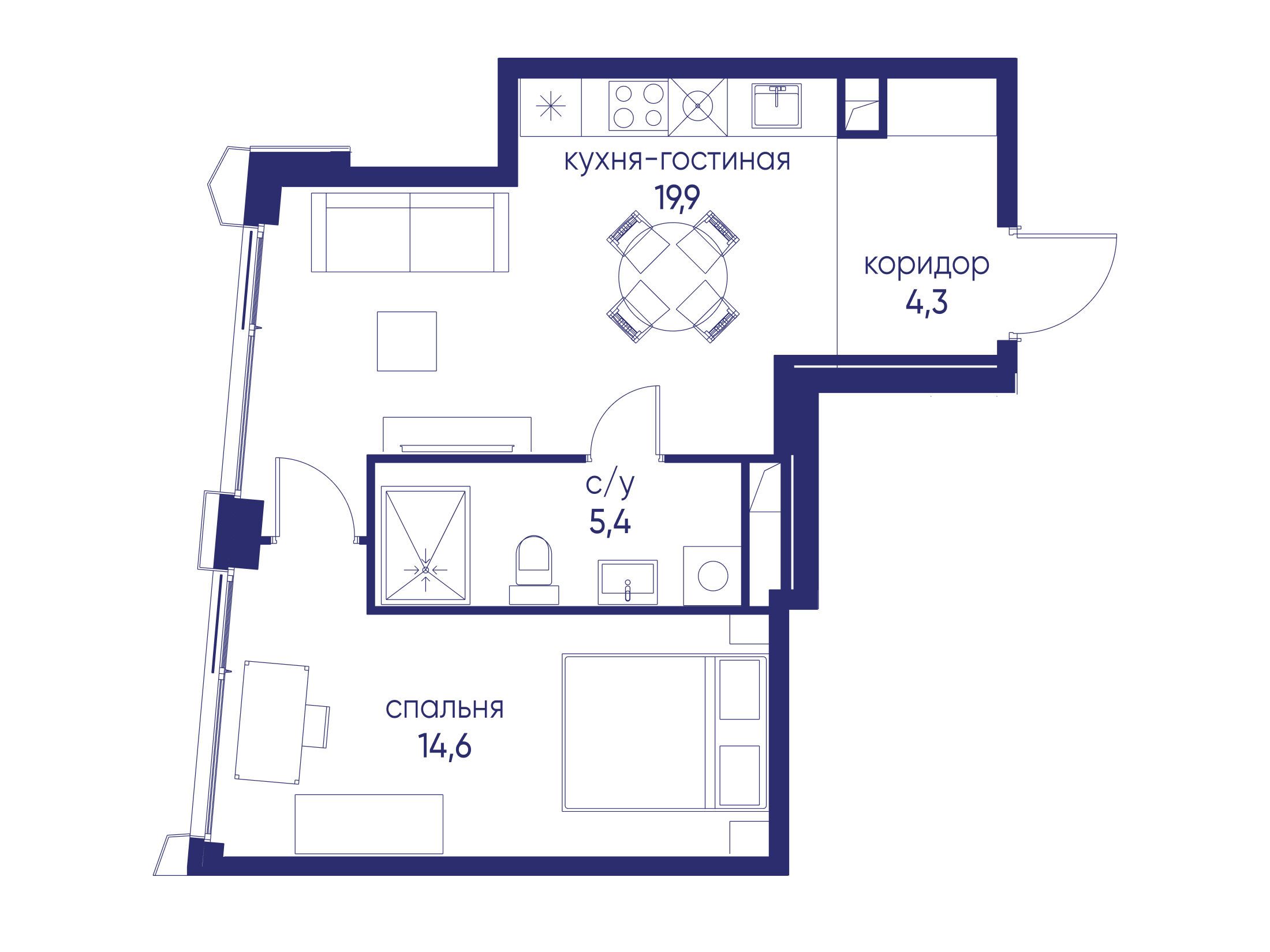 Планировка: 1-комн. квартира 44.20 м² в новостройке Остров