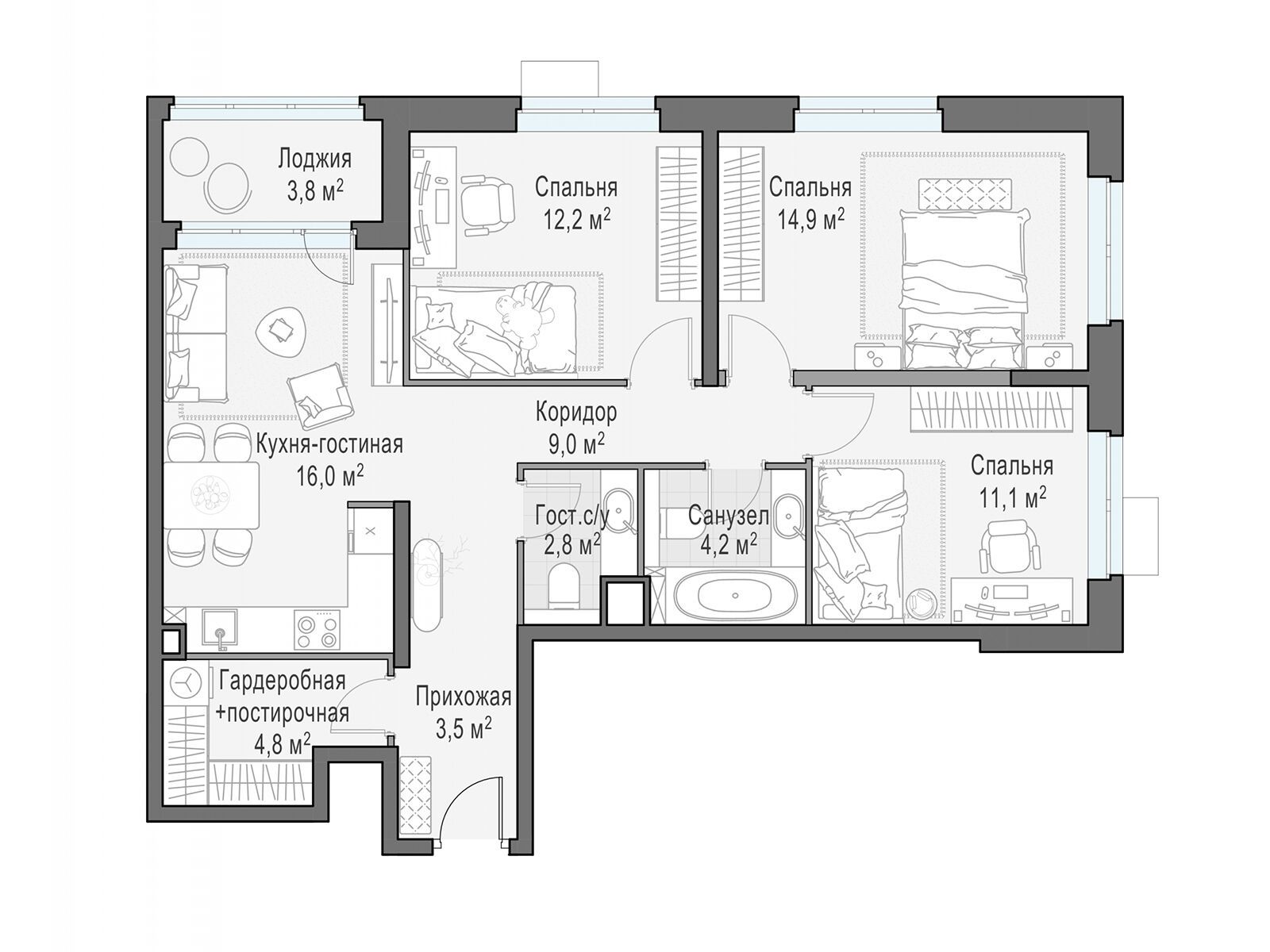 Планировка: 3-комн. квартира 78.60 м² в новостройке Новое Медведково