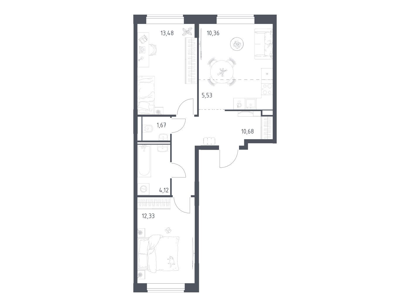 Планировка: 2-комн. квартира 58.17 м² в новостройке Квартал Домашний