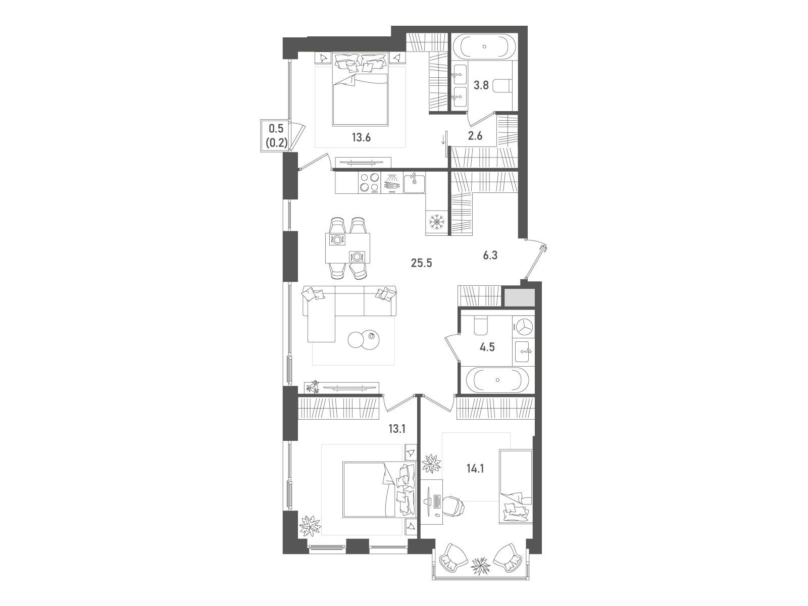 Планировка: 3-комн. квартира 83.60 м² в новостройке Пейв