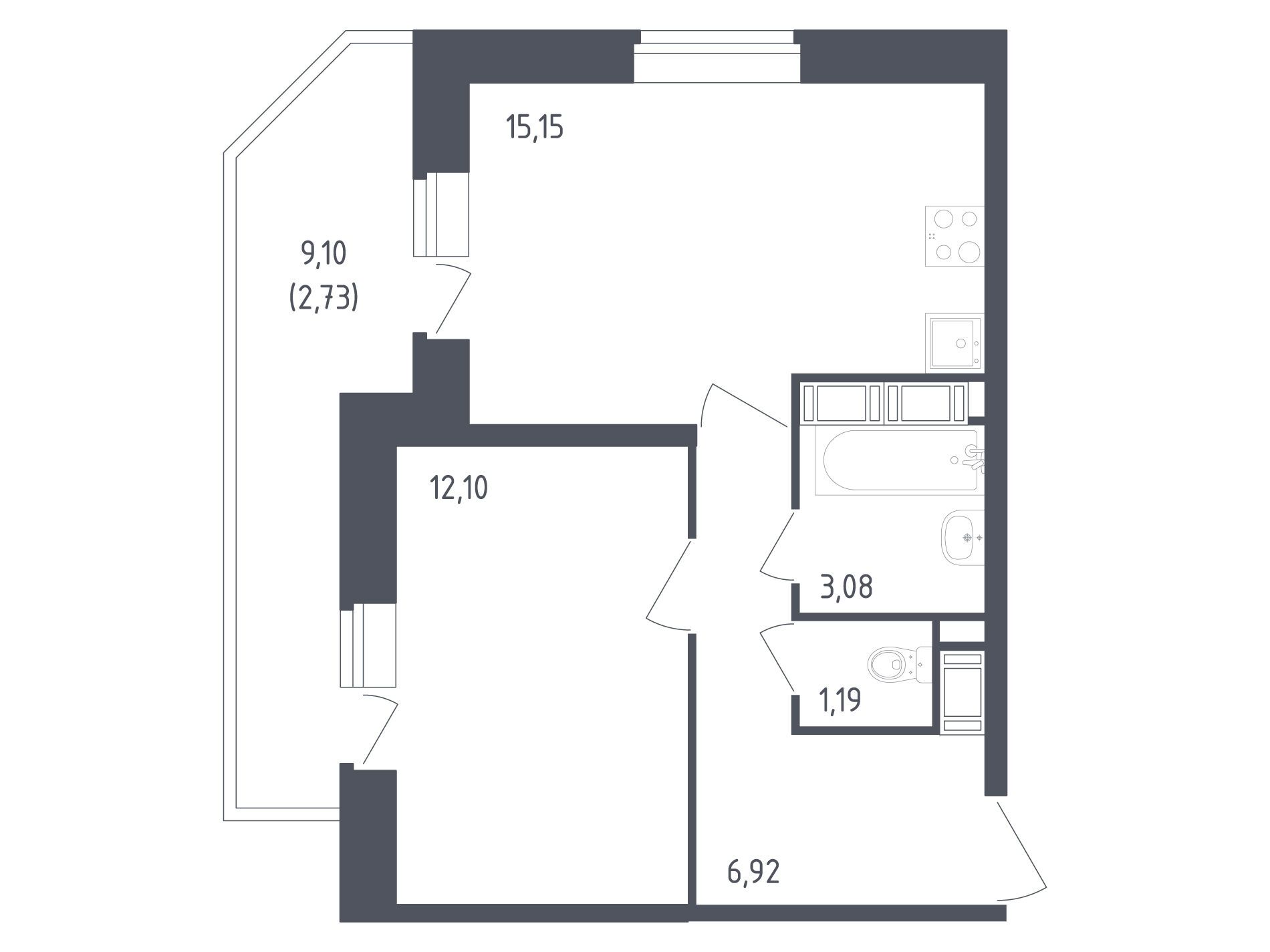 Планировка: 1-комн. квартира 41.17 м² в новостройке Живи! В Рыбацком