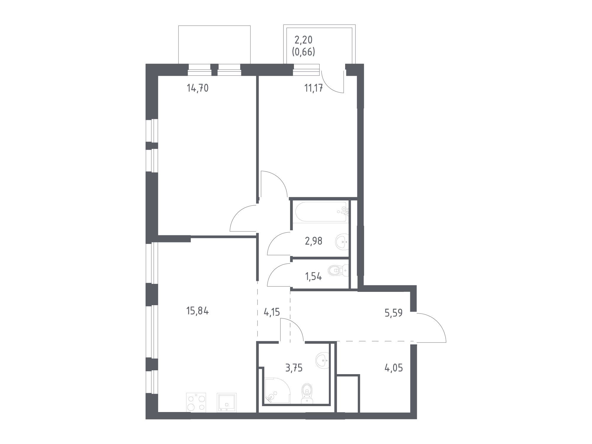 Планировка: 2-комн. квартира 64.43 м² в новостройке Невская долина