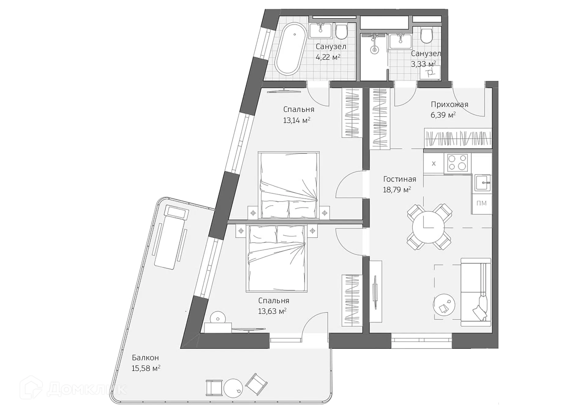 Планировка: 3-комн. квартира 75.08 м² в новостройке Реликт