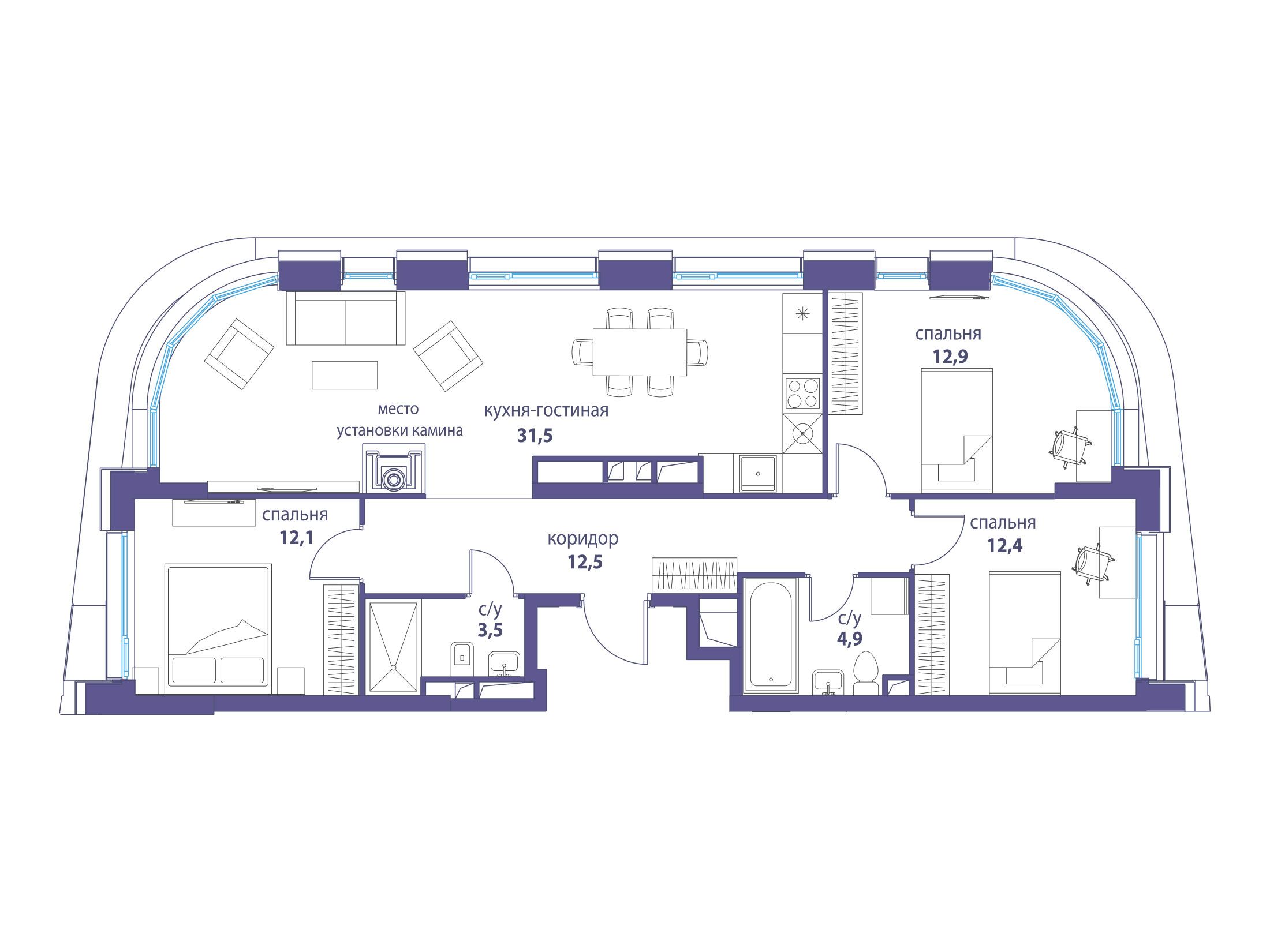 Планировка: 3-комн. квартира 89.80 м² в новостройке Символ