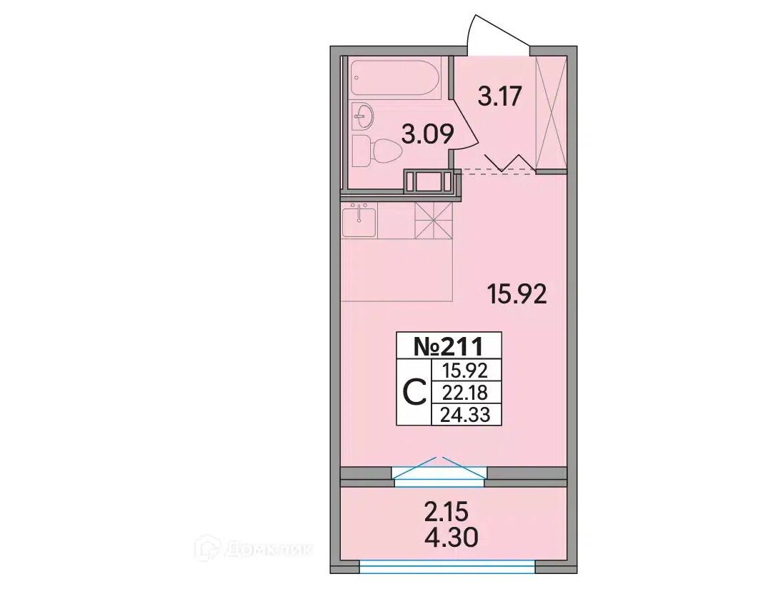 Планировка: Студия 24.60 м² в новостройке Рождественский квартал
