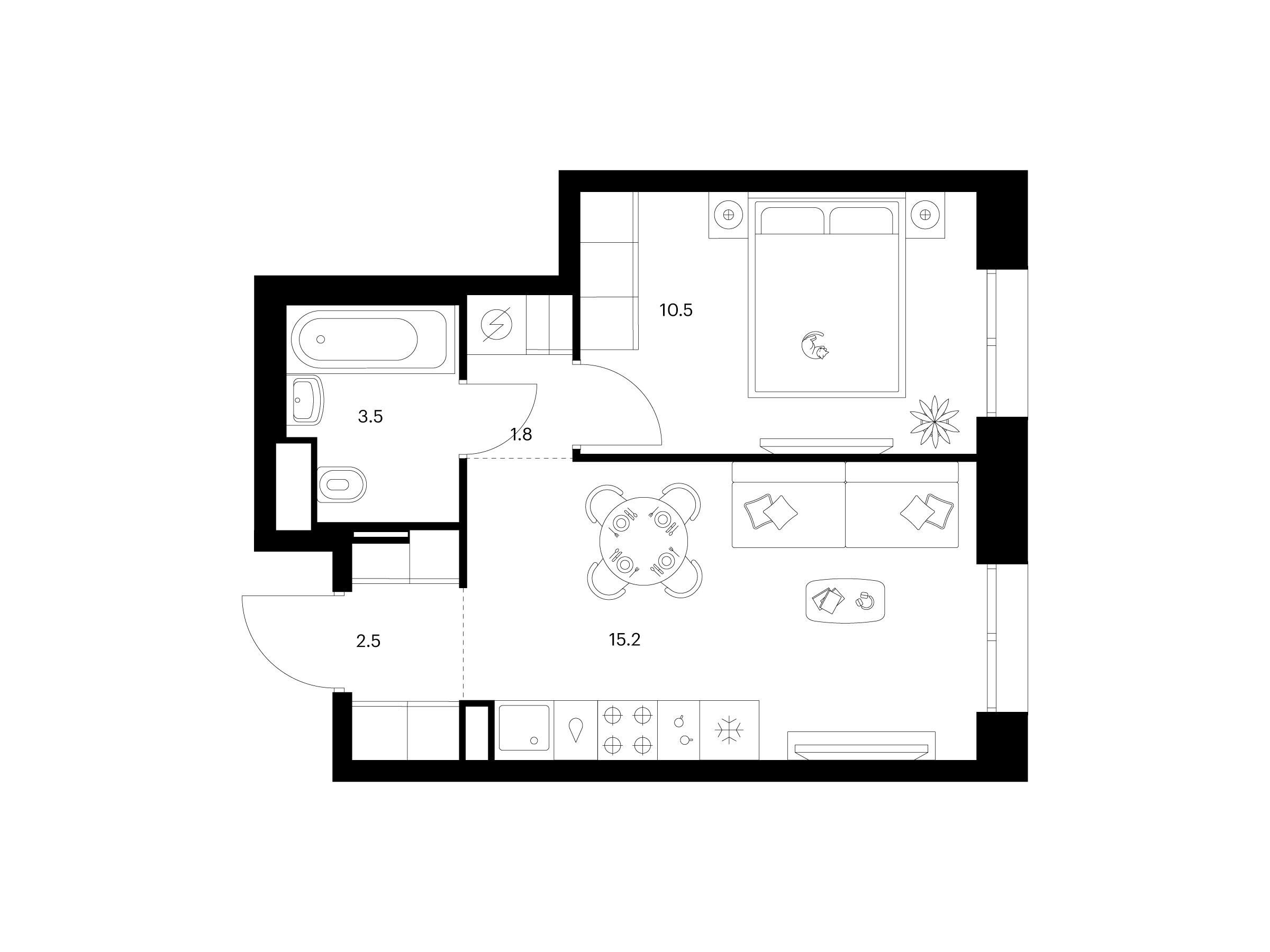 Планировка: 1-комн. квартира 33.50 м² в новостройке Строгино 360