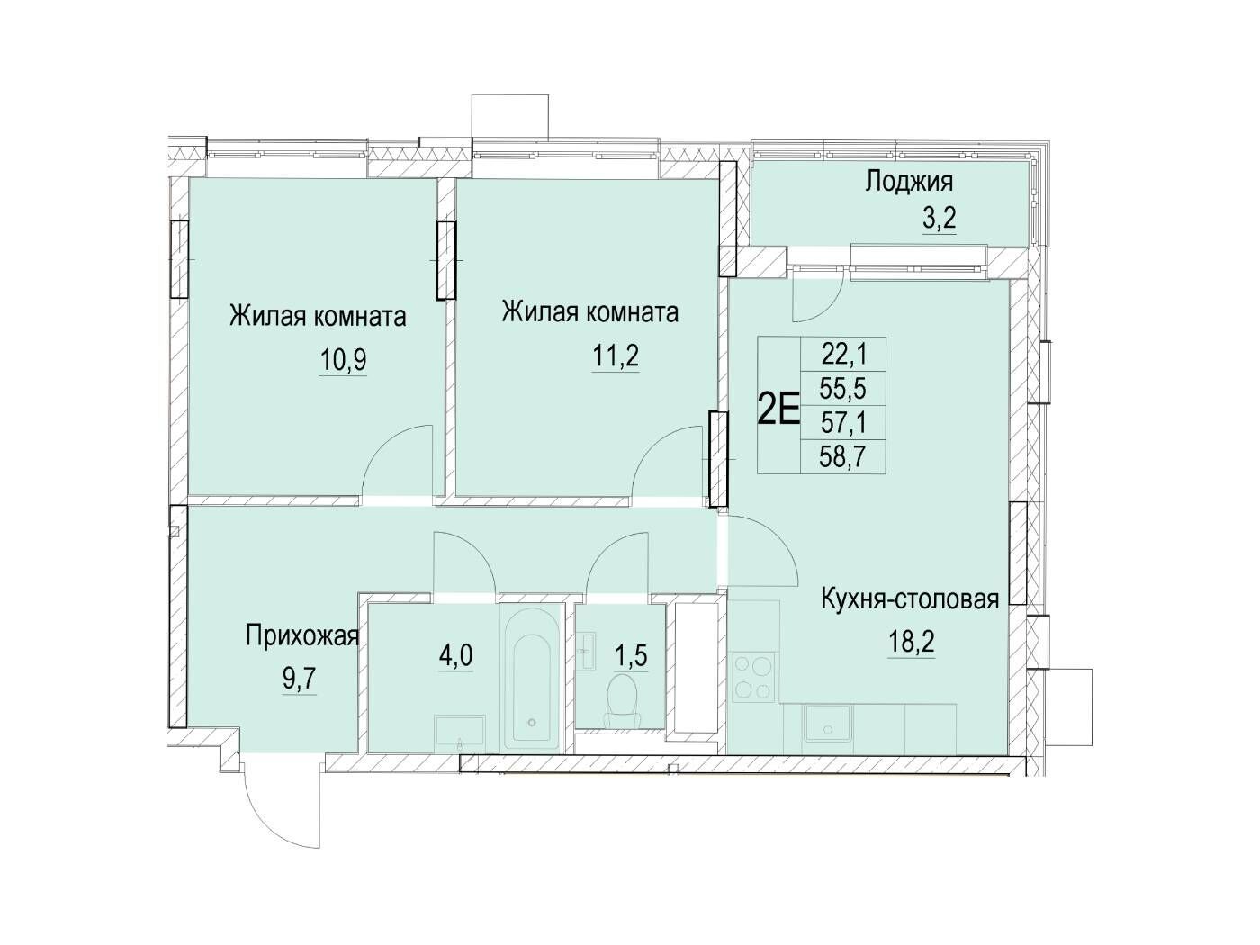 Планировка: 2-комн. квартира 57.10 м² в новостройке Отрадный