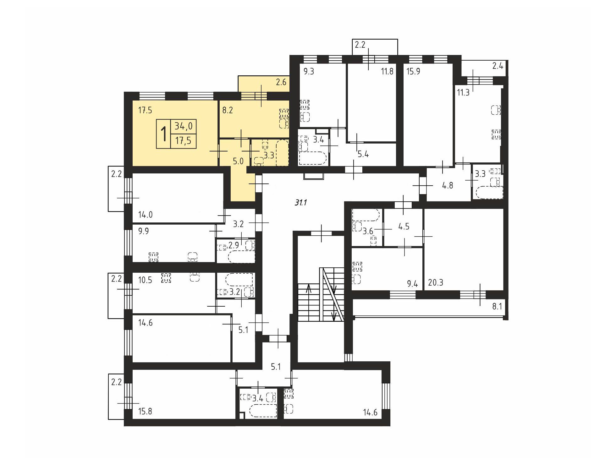 Планировка: 1-комн. квартира 34.00 м² в новостройке Щегловская усадьба
