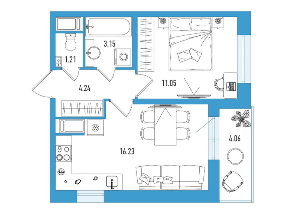 Планировка: 1-комн. квартира 37.91 м² в новостройке Искра Сити