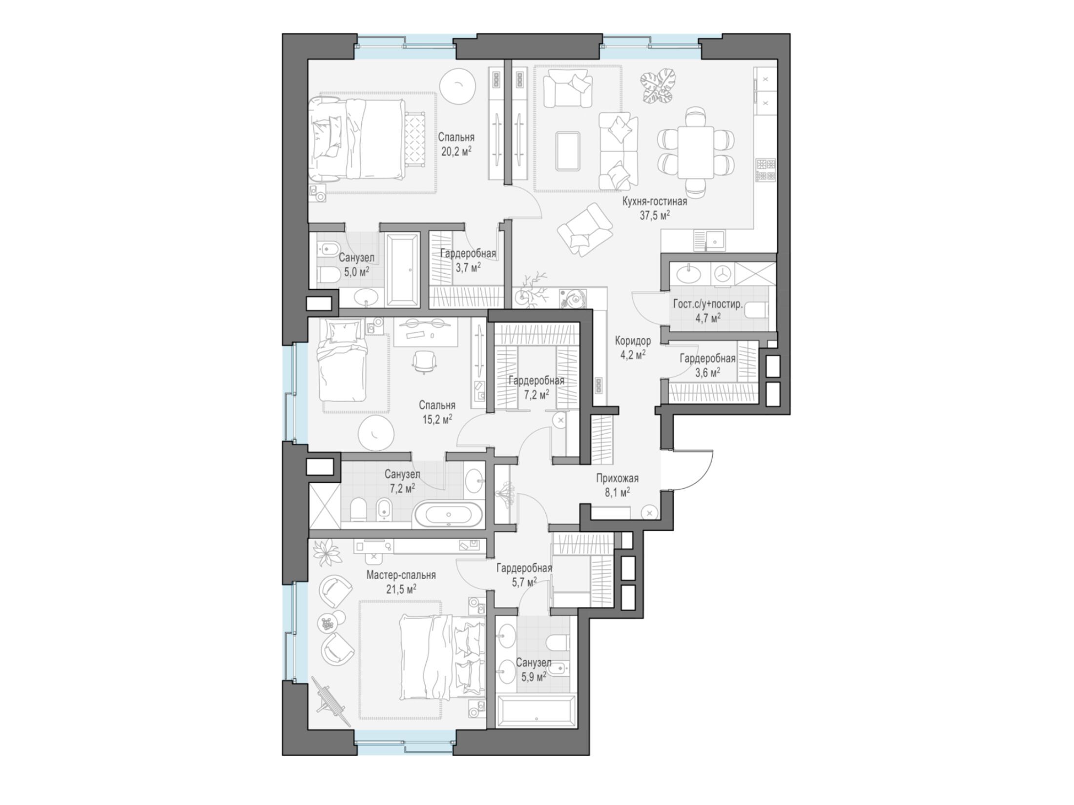 Планировка: 3-комн. квартира 157.20 м² в новостройке Ильинка 3/8