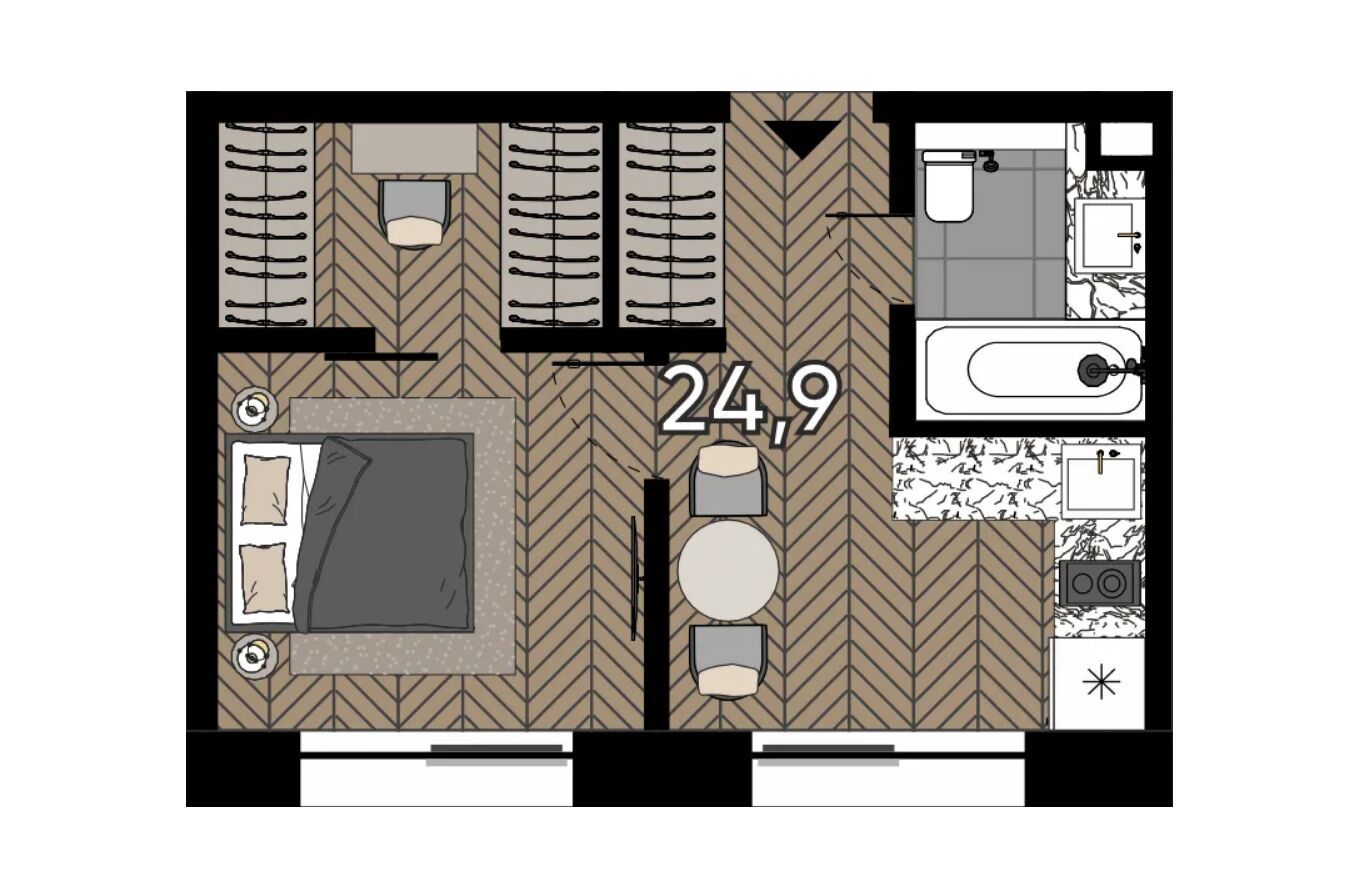 Планировка: Студия 24.90 м² в новостройке Зорге 9