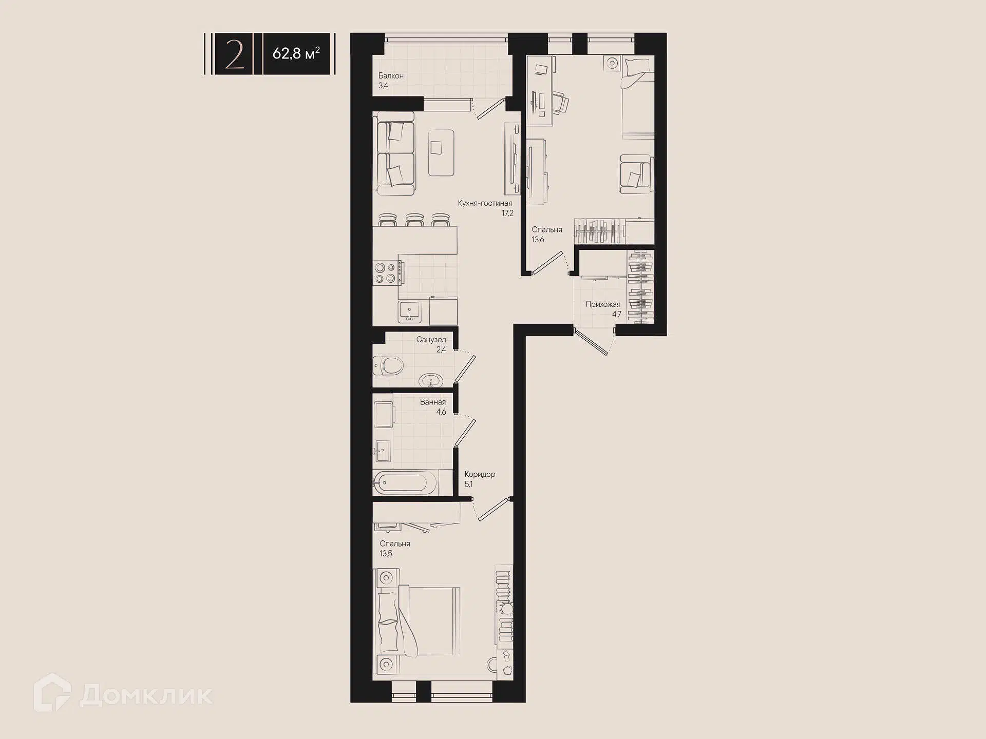 Планировка: 2-комн. квартира 62.80 м² в новостройке Эрмитаж