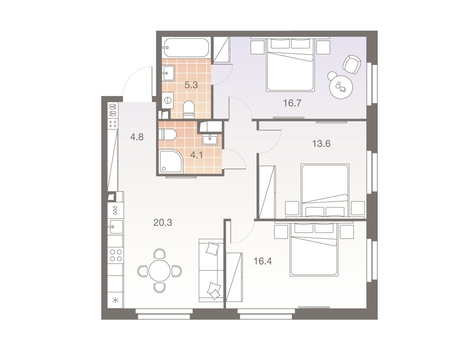 Планировка: 4-комн. квартира 85.60 м² в новостройке Твелв