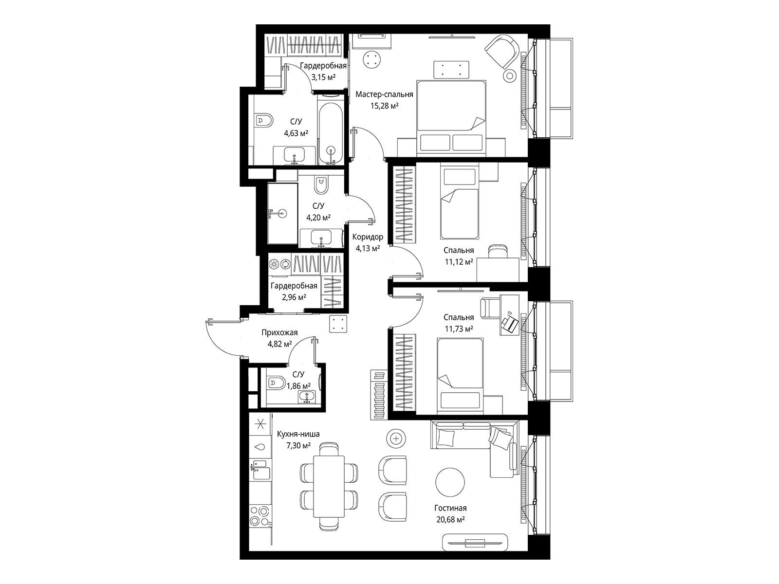 Планировка: 3-комн. квартира 91.86 м² в новостройке Мыс