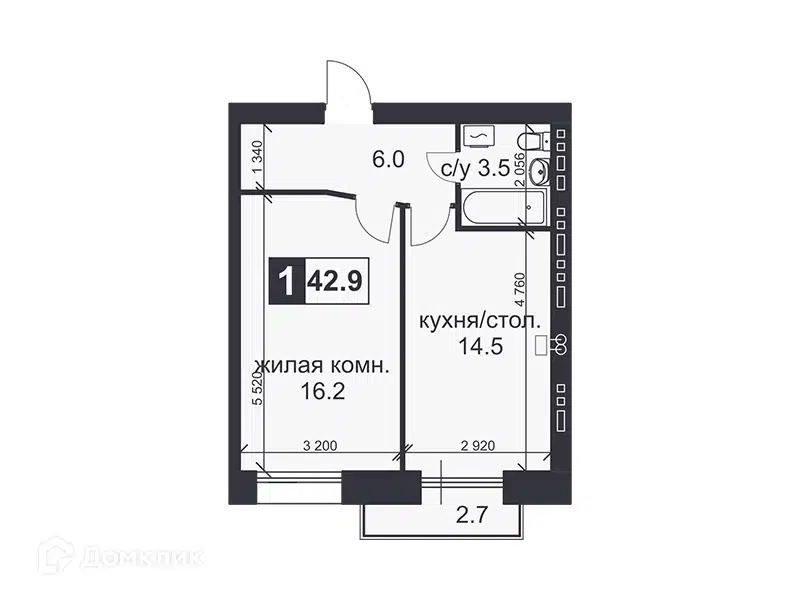 Планировка: 1-комн. квартира 42.90 м² в новостройке Михайловский