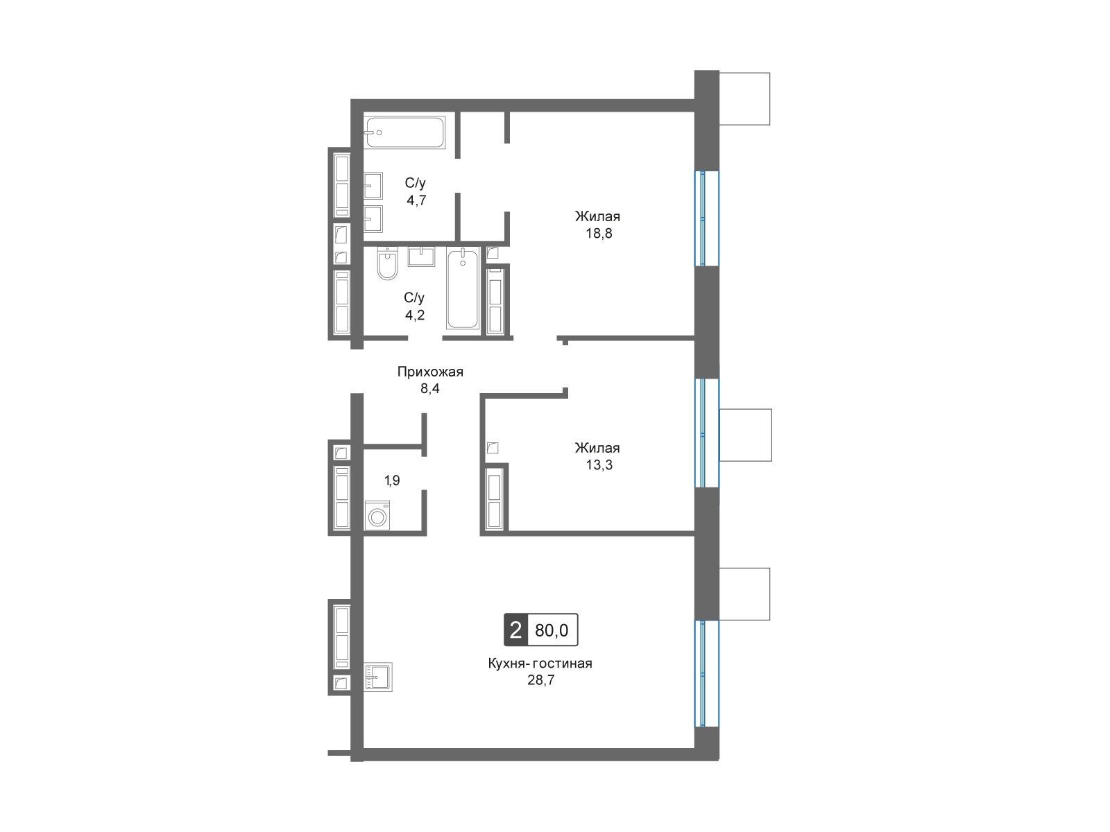 Планировка: 2-комн. квартира 80.00 м² в новостройке Отрада