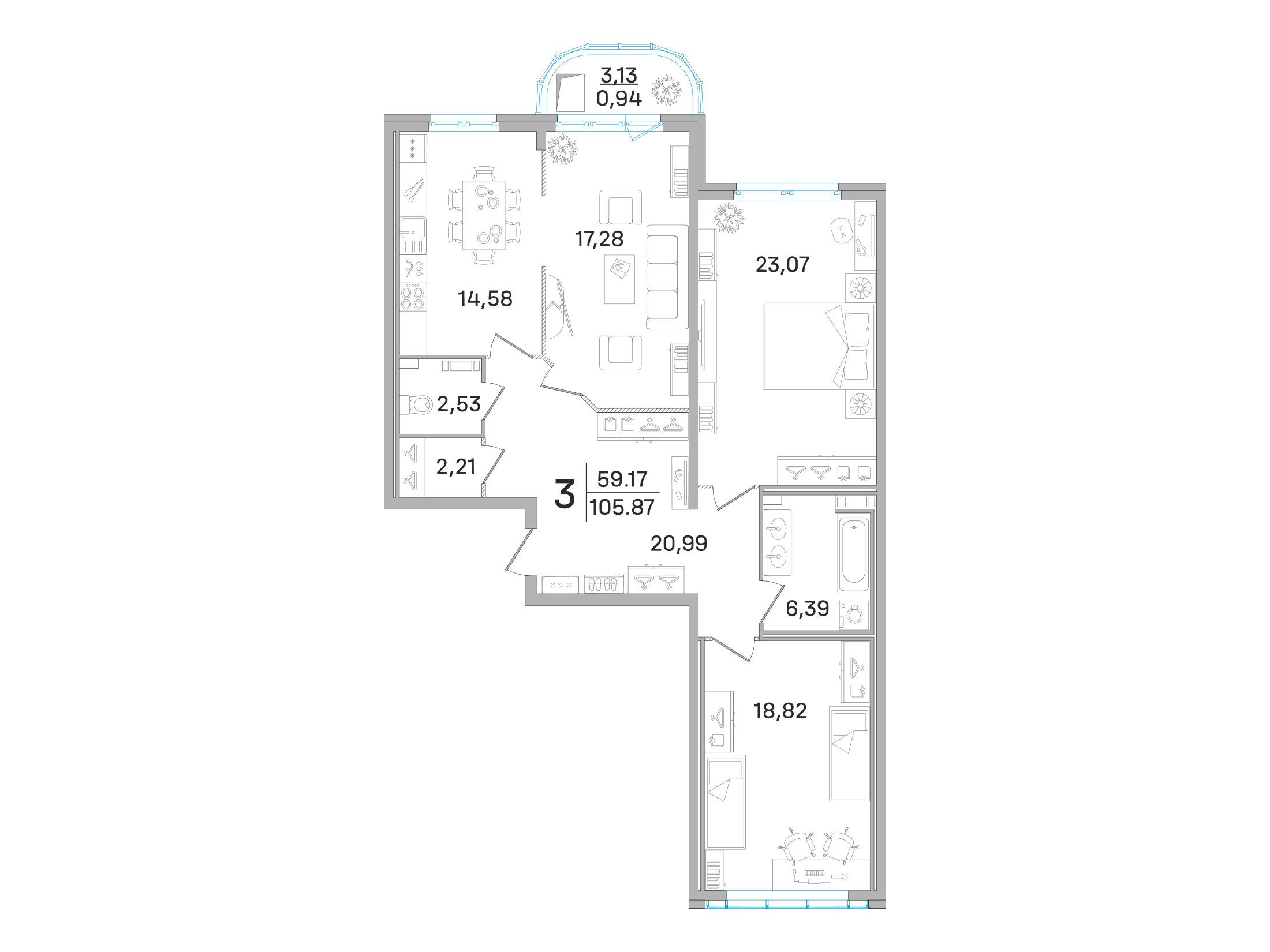 Планировка: 3-комн. квартира 105.90 м² в новостройке Дом-Мегалит в Королеве