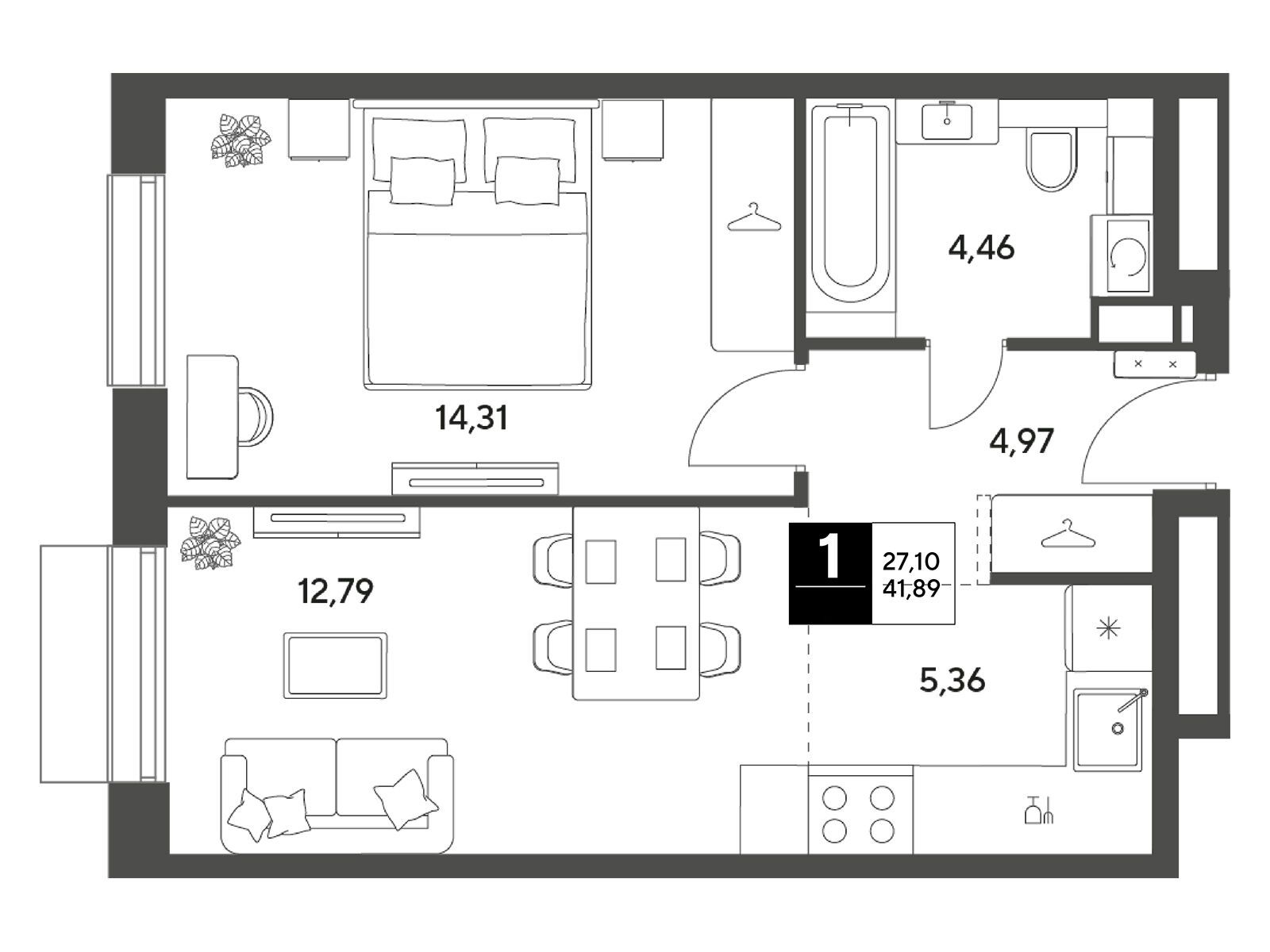 Планировка: 1-комн. квартира 41.89 м² в новостройке Публицист