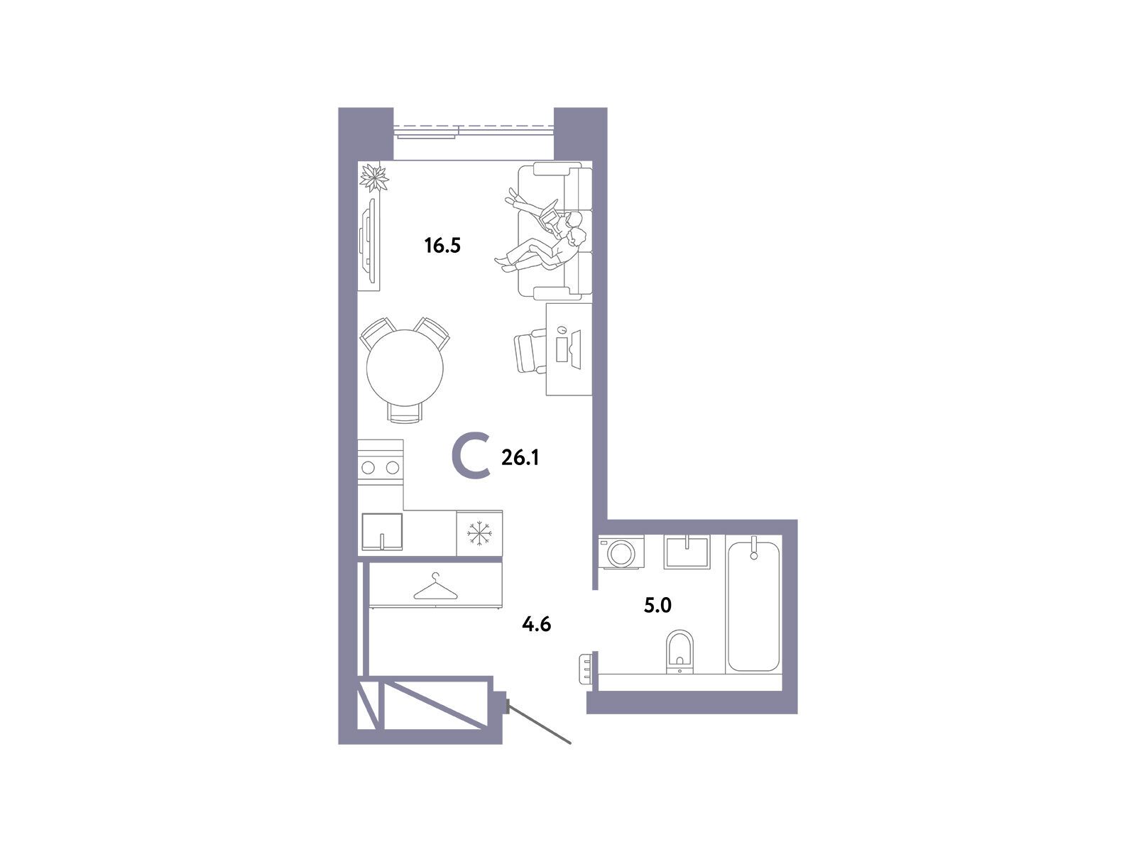Планировка: 1-комн. квартира 26.10 м² в новостройке Страна. Заречная