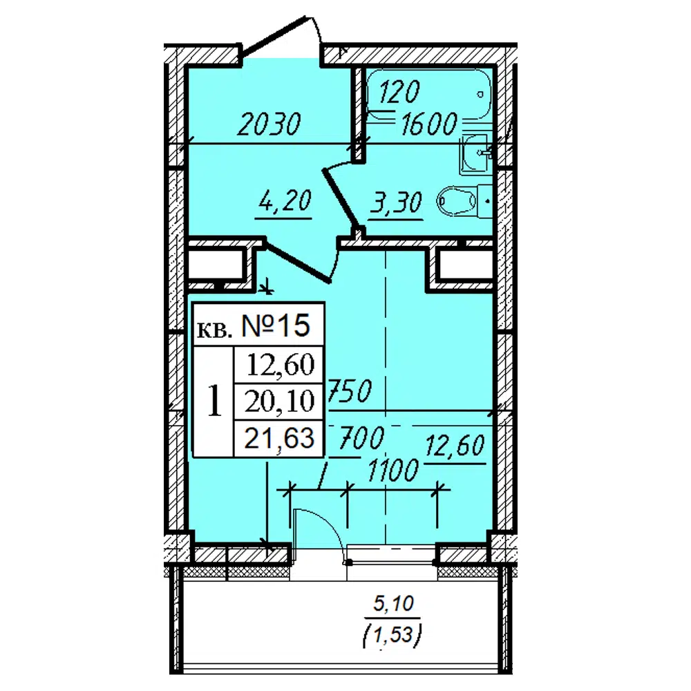 Планировка: 1-комн. квартира 21.63 м² в новостройке Дом на 6-й Линии
