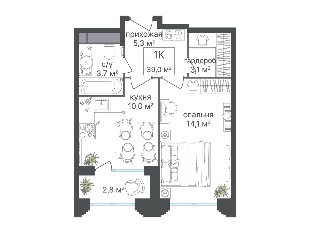 Планировка: 1-комн. квартира 39.00 м² в новостройке Варшавские ворота