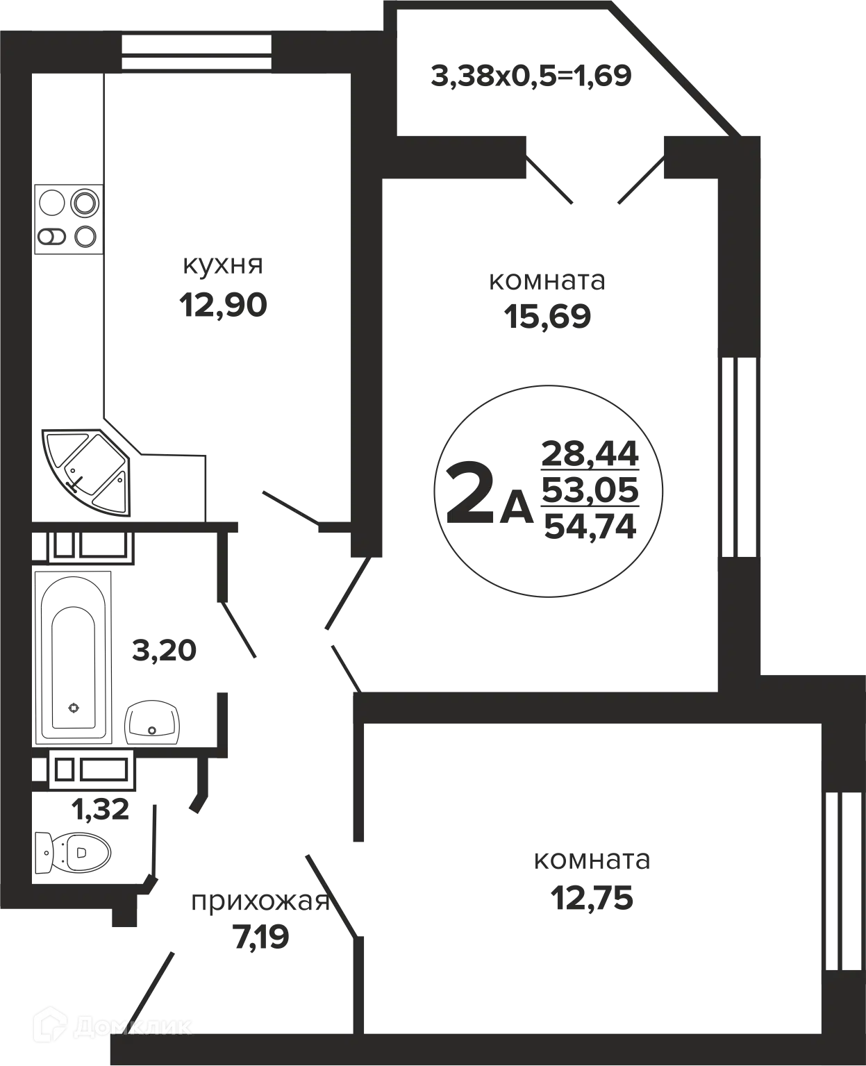 Планировка: 2-комн. квартира 54.74 м² в новостройке Гулливер