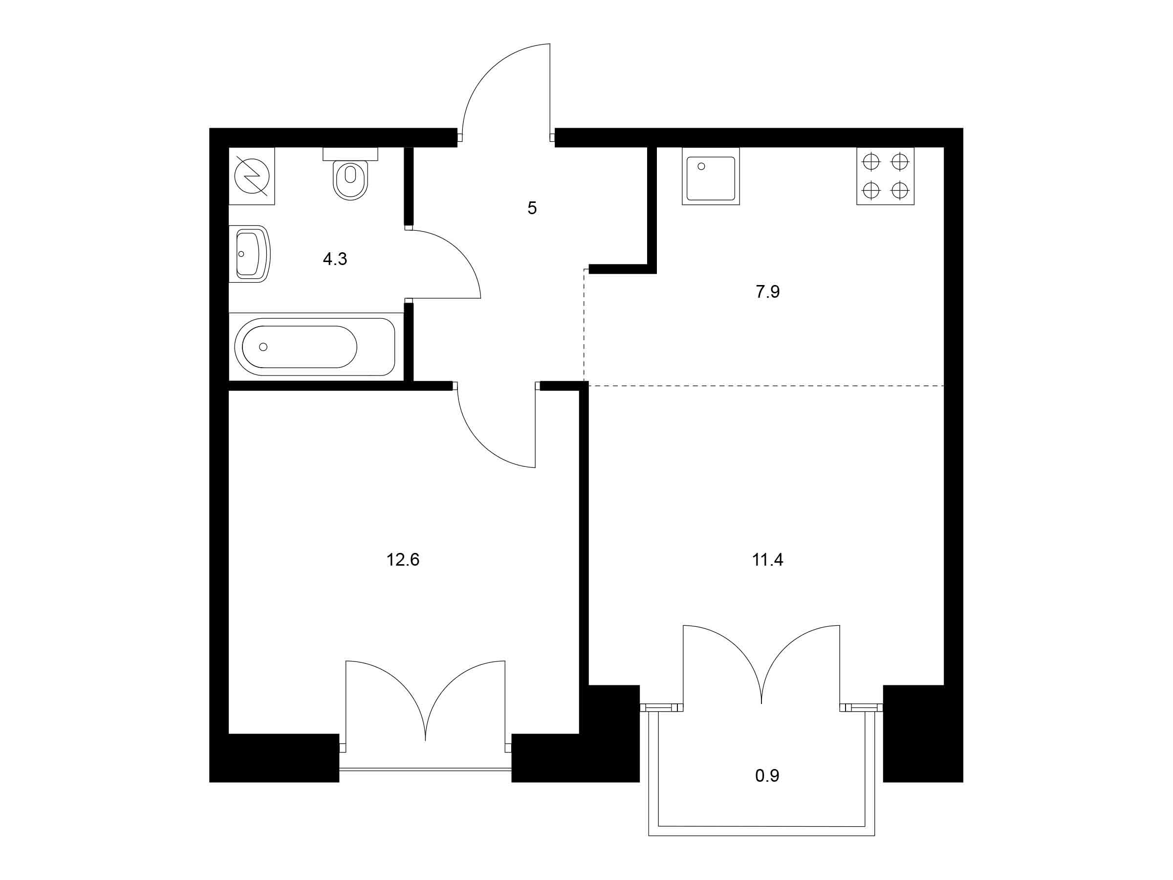 Планировка: 1-комн. квартира 42.10 м² в новостройке Лермонтовский 54