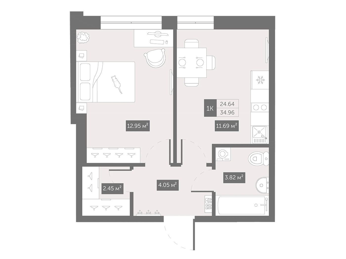 Планировка: 1-комн. квартира 36.40 м² в новостройке Зум Черная речка